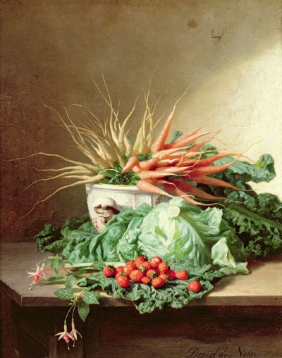 Nature morte de fraises, carottes et chou - David Emil Joseph de Noter